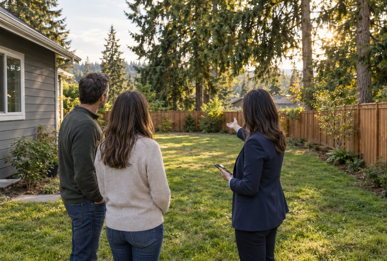 A real estate agent in a back yard with two homeowners, pointing toward the rear of the lot