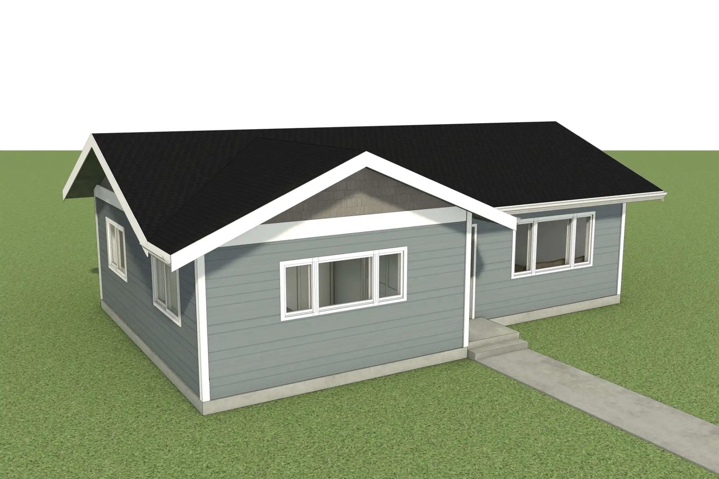 Rendering of a single-level backyard home with gray siding and a front porch