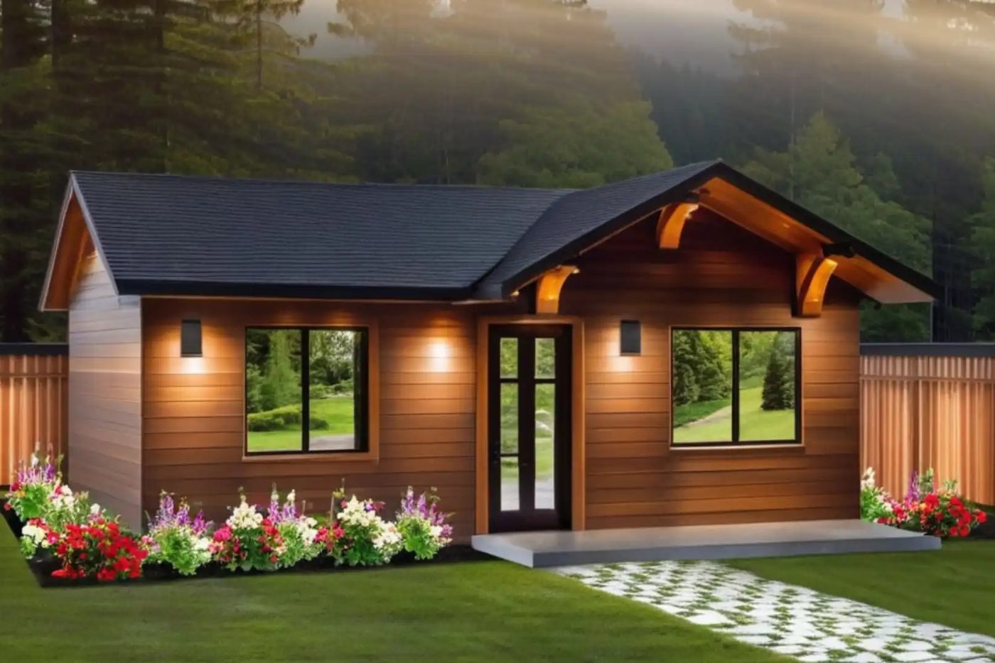 Rendering of a small single-level backyard cottage at dusk