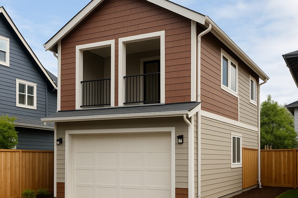 Rendering of a one-bedroom backyard home above a garage with a balcony