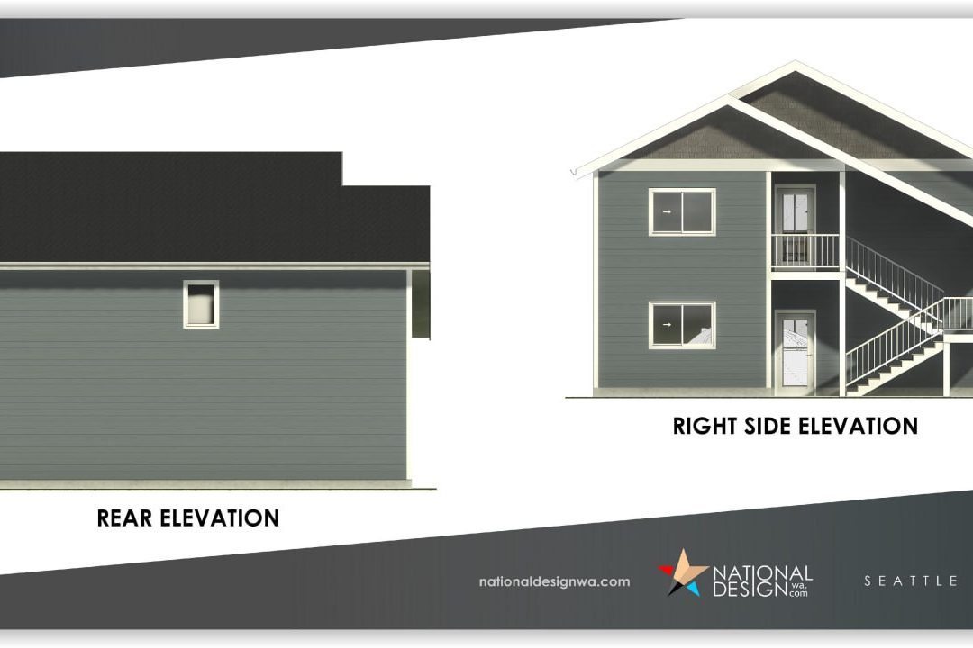 Elevation drawings of a two-level backyard home over a garage
