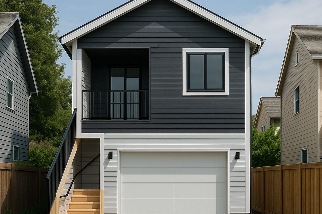 Rendering of a two-level backyard home with a garage below