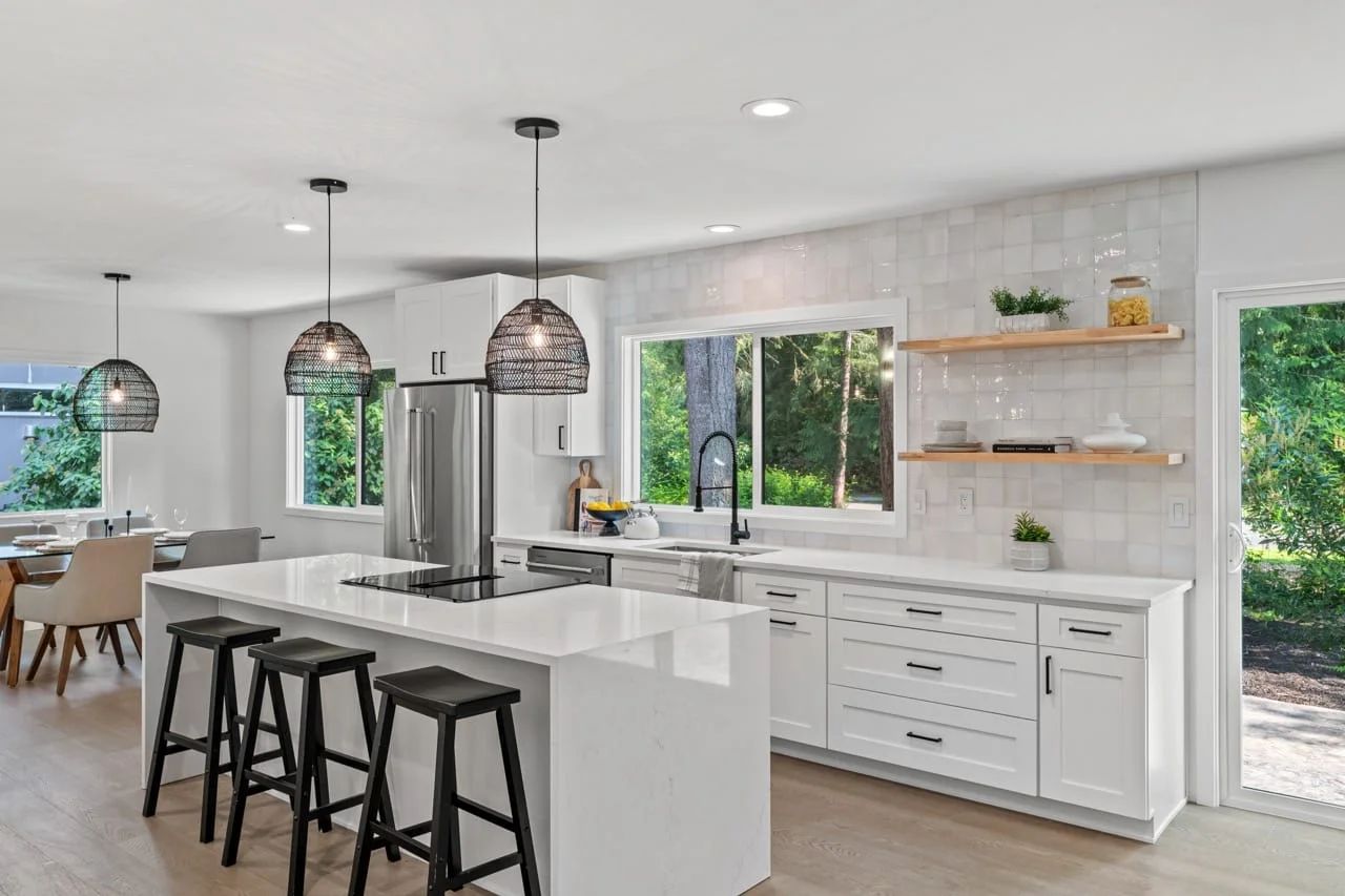 White kitchen with an island and open shelving, Mill Creek