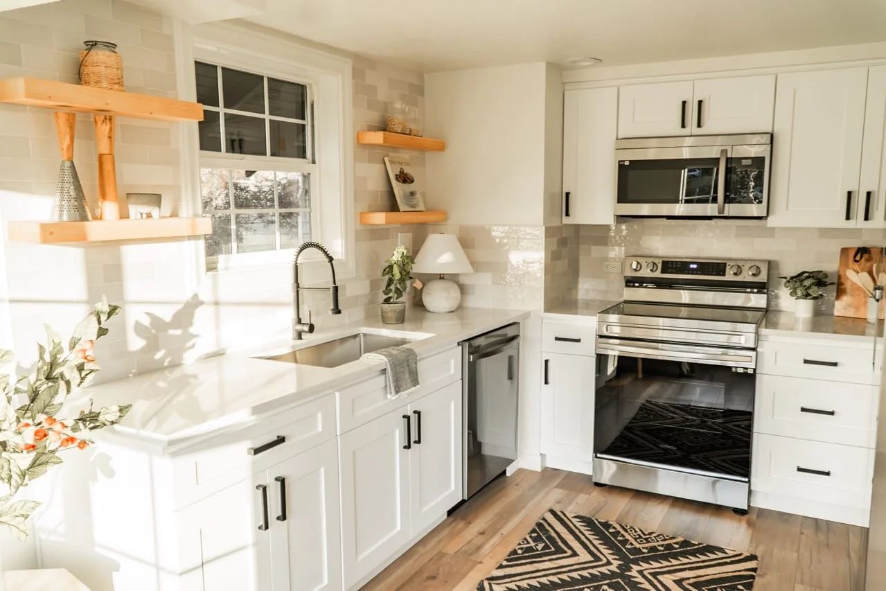 Farmhouse-sink kitchen with open shelves