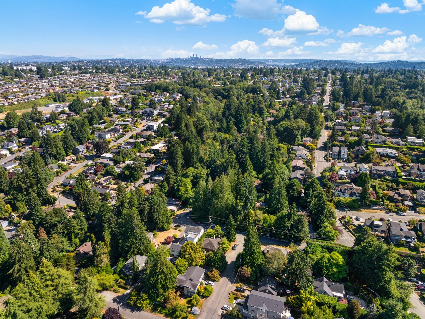 Aerial view of the Crown Hill neighborhood with the sound in the distance