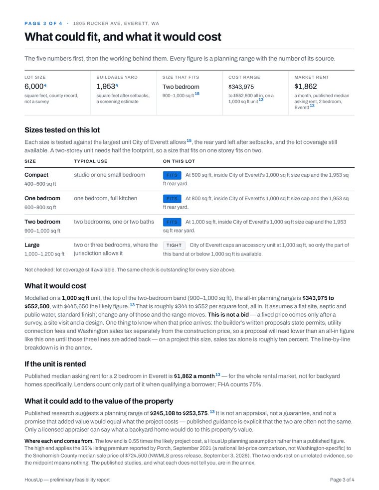 Page three of a sample HousUp property report: sizes, costs and value